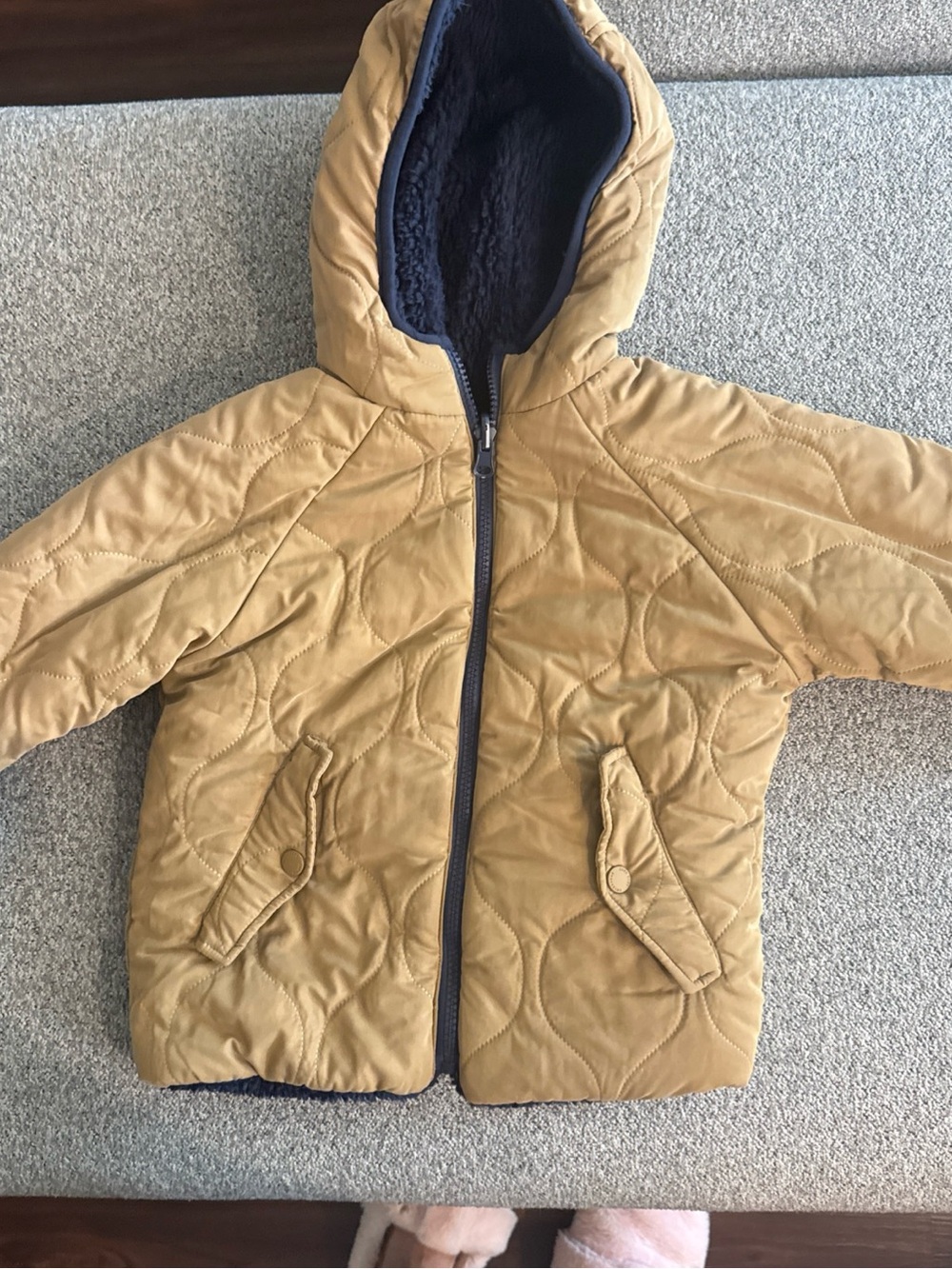 Zara Kids Quilted Hooded Puffer Jacket in Tan with Navy Lining
